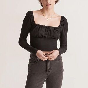 Madewell Ribbed Square Neck Long Sleeve Top NJ773 Black XXS